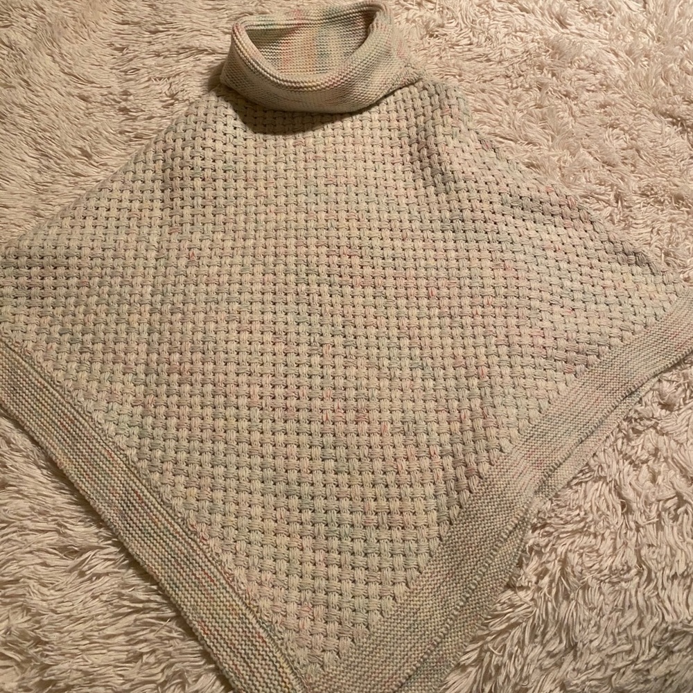 Cream basket weave turtleneck poncho